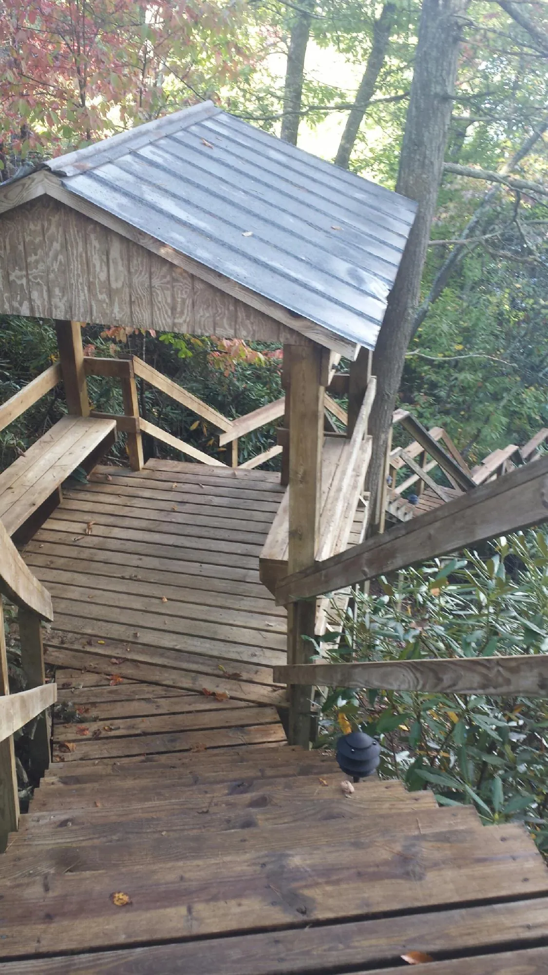 Metal roofed shelter over wooden steps on a wooded walkway — Skylight Repair & Installation work by our crew in Roaring Gap